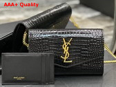 Saint Laurent Uptown Chain Wallet in Noir Crocodile Embossed Shiny Leather Replica