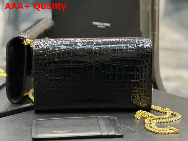 Saint Laurent Uptown Chain Wallet in Noir Crocodile Embossed Shiny Leather Replica