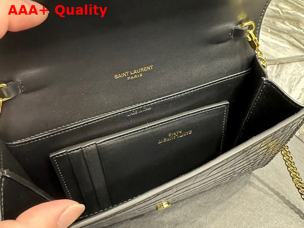 Saint Laurent Uptown Chain Wallet in Noir Crocodile Embossed Shiny Leather Replica