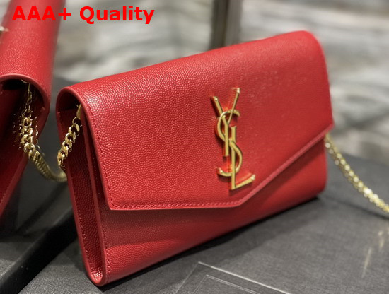 Saint Laurent Uptown Chain Wallet in Red Grain de Poudre Embossed Leather Replica