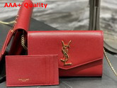 Saint Laurent Uptown Chain Wallet in Red Grain de Poudre Embossed Leather Replica