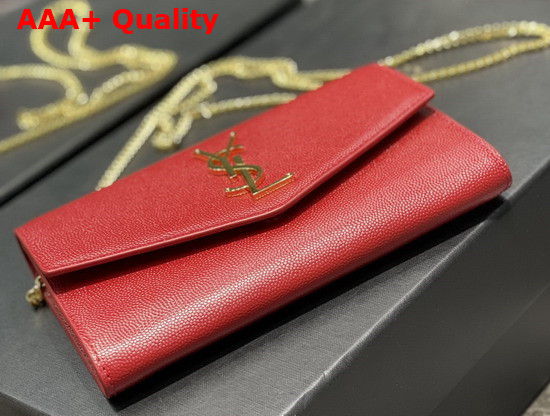 Saint Laurent Uptown Chain Wallet in Red Grain de Poudre Embossed Leather Replica