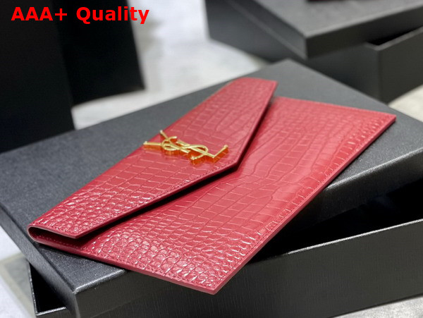 Saint Laurent Uptown Pouch in Crocodile Embossed Shiny Leather Rouge Legion Replica