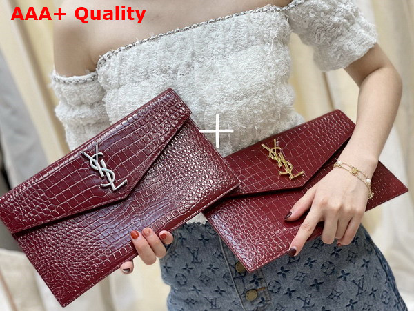 Saint Laurent Uptown Pouch in Crocodile Embossed Shiny Leather Rouge Legion Replica