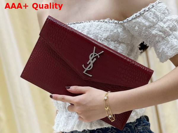 Saint Laurent Uptown Pouch in Crocodile Embossed Shiny Leather Rouge Legion Replica