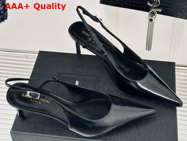 Saint Laurent Vendome Slingback Pumps in Black Glazed Leather Replica