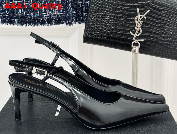 Saint Laurent Vendome Slingback Pumps in Black Glazed Leather Replica