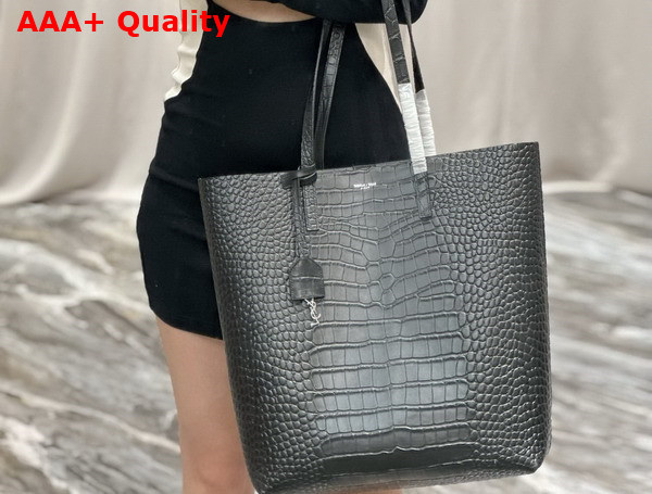 Saint Laurent Vertical Shopping Bag in Black Crocolile Embossed Leather Replica