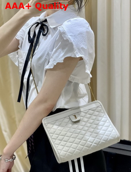 Saint Laurent Victoire Baby Clutch Bag in Blanc Vintage Leather Decorated with Carre Quilted Overstitching and a YSL Monogram Tab Replica