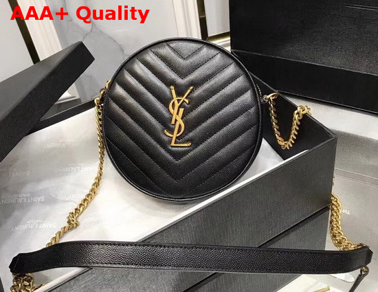 Saint Laurent Vinyle Round Camera Bag in Chevron Quilted Grain De Poudre Embossed Leather Black Replica