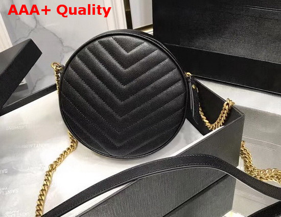 Saint Laurent Vinyle Round Camera Bag in Chevron Quilted Grain De Poudre Embossed Leather Black Replica