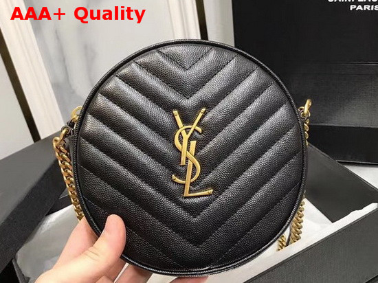 Saint Laurent Vinyle Round Camera Bag in Chevron Quilted Grain De Poudre Embossed Leather Black Replica