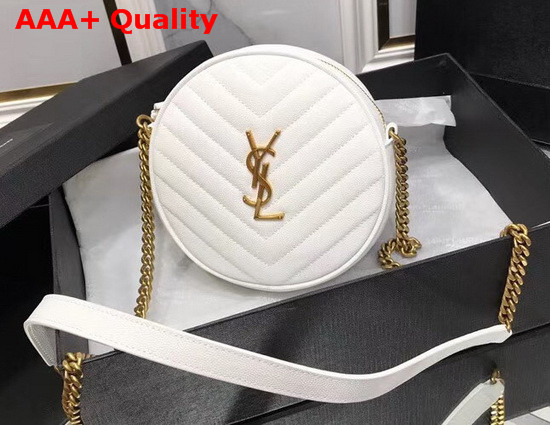 Saint Laurent Vinyle Round Camera Bag in Chevron Quilted Grain De Poudre Embossed Leather Blanc Vintage Replica