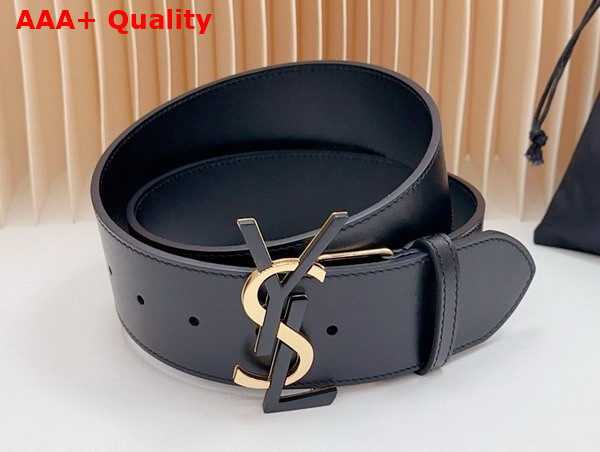 Saint Laurent YSL Bucklet Wide Belt in Black Smooth Leather with Gold and Black Metal Replica
