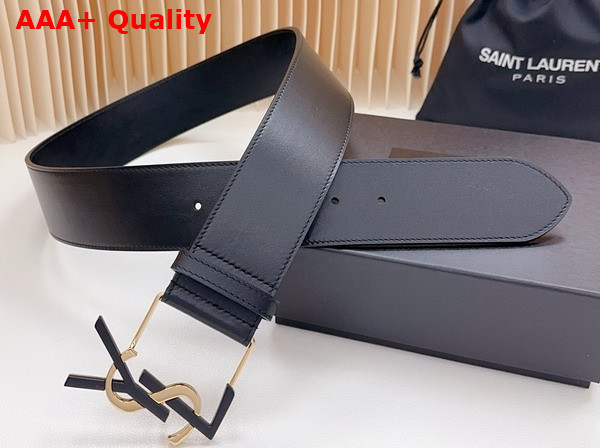 Saint Laurent YSL Bucklet Wide Belt in Black Smooth Leather with Gold and Black Metal Replica