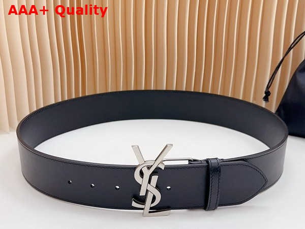 Saint Laurent YSL Bucklet Wide Belt in Black Smooth Leather with Silver Metal Replica