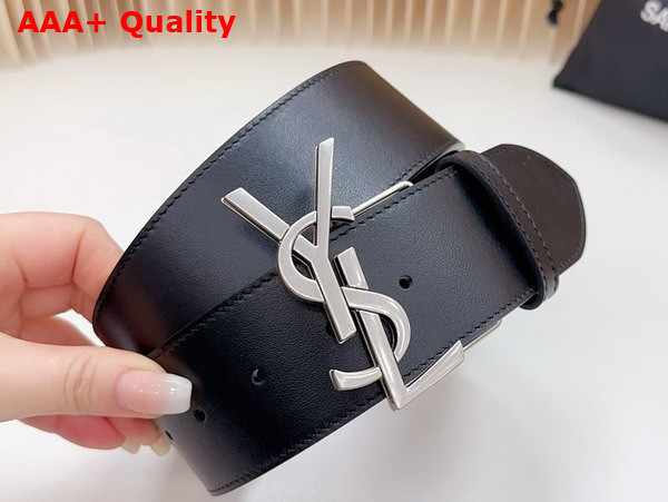 Saint Laurent YSL Bucklet Wide Belt in Black Smooth Leather with Silver Metal Replica