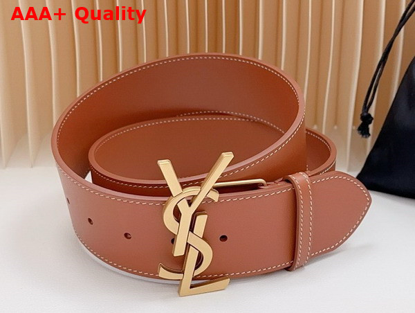 Saint Laurent YSL Bucklet Wide Belt in Brown Smooth Leather Replica