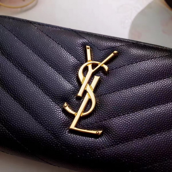 Saint Laurent Zip Around Wallet in Black Grain De Poudre Textured Matelasse Leather For Sale