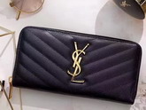 Saint Laurent Zip Around Wallet in Black Grain De Poudre Textured Matelasse Leather For Sale