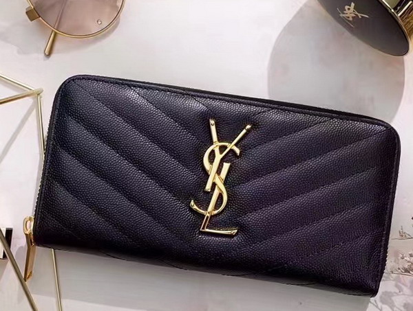 Saint Laurent Zip Around Wallet in Black Grain De Poudre Textured Matelasse Leather For Sale