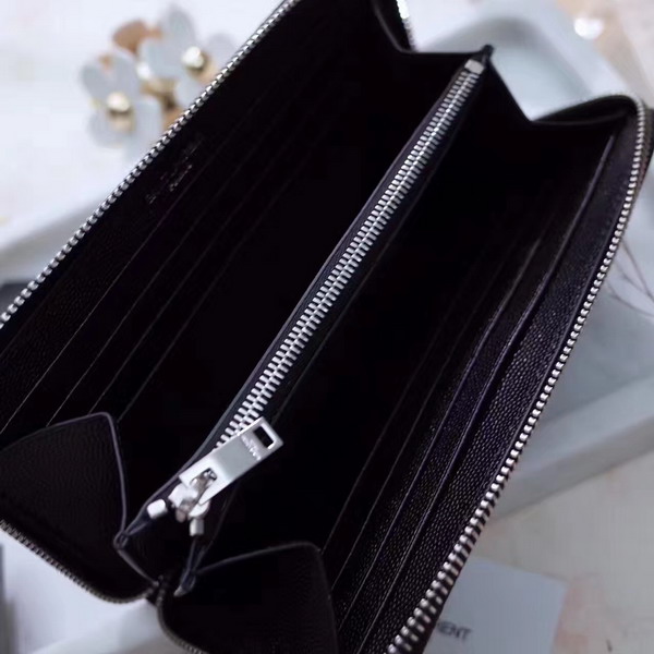 Saint Laurent Zip Around Wallet in Black Grain De Poudre Textured Matelasse Leather Silver Hardware For Sale
