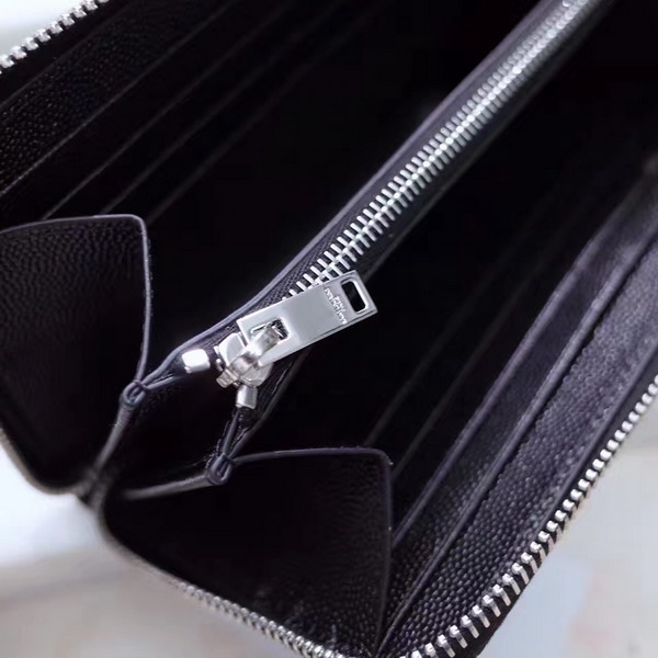 Saint Laurent Zip Around Wallet in Black Grain De Poudre Textured Matelasse Leather Silver Hardware For Sale