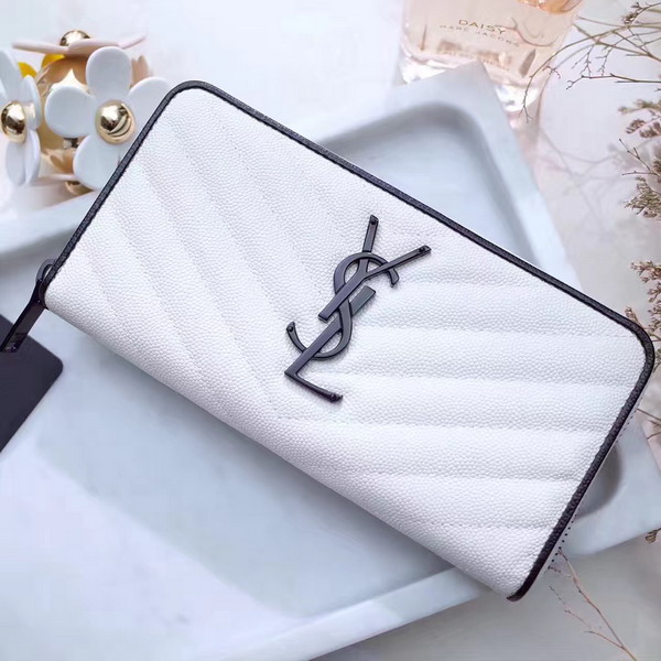 Saint Laurent Zip Around Wallet in Dove White and Black Grain De Poudre Textured Matelasse Leather For Sale