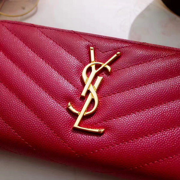 Saint Laurent Zip Around Wallet in Lipstick Red Grain De Poudre Textured Matelasse Leather For Sale