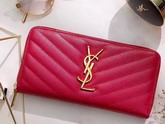 Saint Laurent Zip Around Wallet in Lipstick Red Grain De Poudre Textured Matelasse Leather For Sale