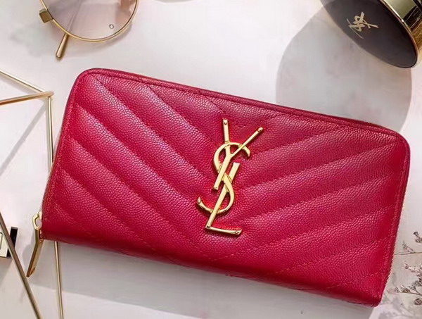 Saint Laurent Zip Around Wallet in Lipstick Red Grain De Poudre Textured Matelasse Leather For Sale