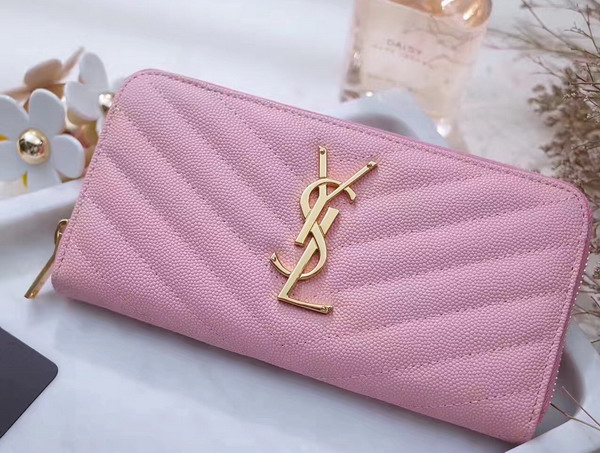 Saint Laurent Zip Around Wallet in Pink Grain De Poudre Textured Matelasse Leather For Sale