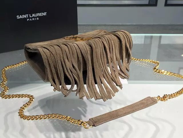 Small Monogram Saint Laurent Fringed Satchel In Light Ocher Suede for Sale