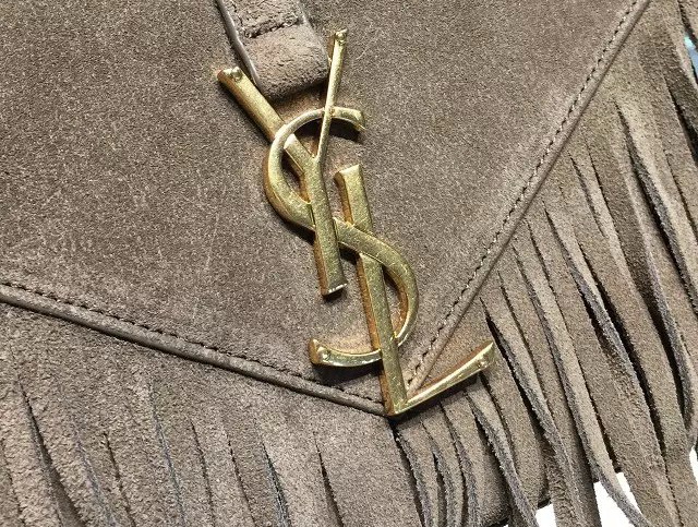Small Monogram Saint Laurent Fringed Satchel In Light Ocher Suede for Sale