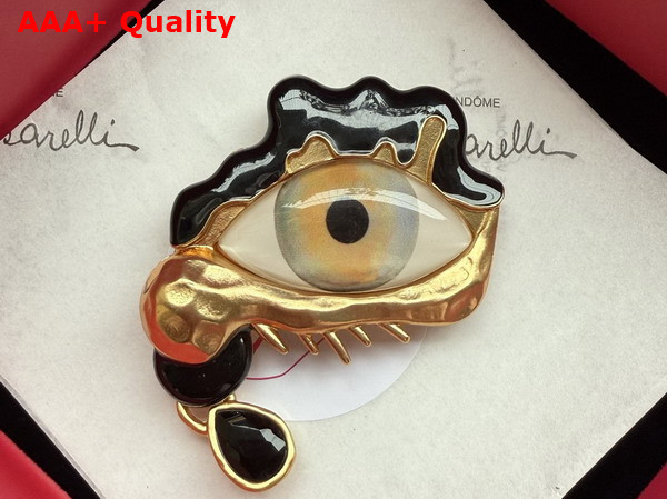 Schiaparelli Eye and Teardrops Brooch in Gold Brass and Enamel Replica