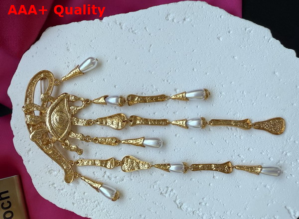 Schiaparelli Eye and Teardrops Brooch in Textured Gold Brass and Pearls Replica
