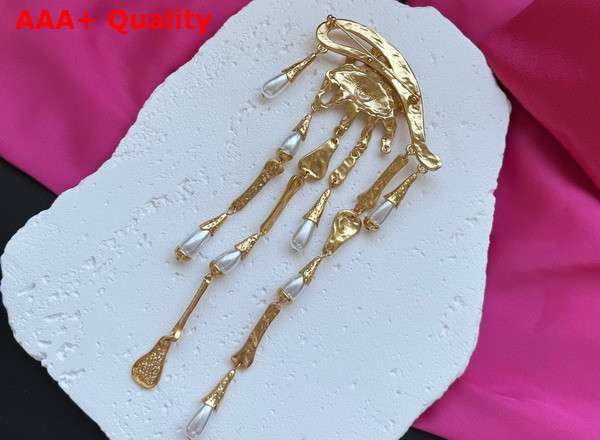 Schiaparelli Eye and Teardrops Brooch in Textured Gold Brass and Pearls Replica