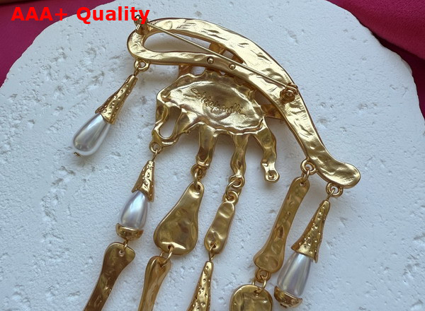 Schiaparelli Eye and Teardrops Brooch in Textured Gold Brass and Pearls Replica