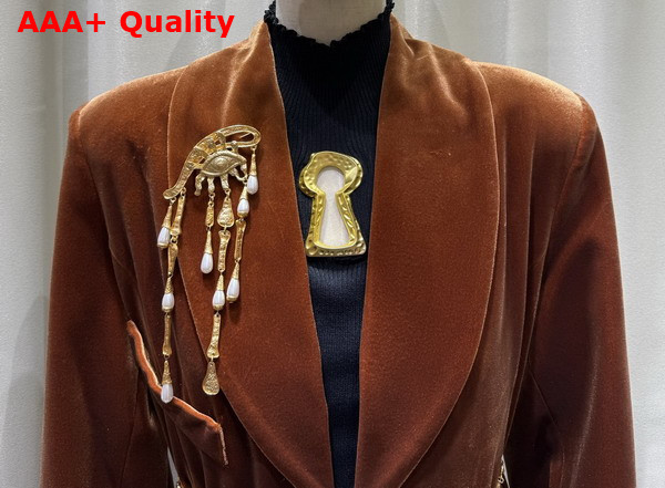 Schiaparelli Eye and Teardrops Brooch in Textured Gold Brass and Pearls Replica