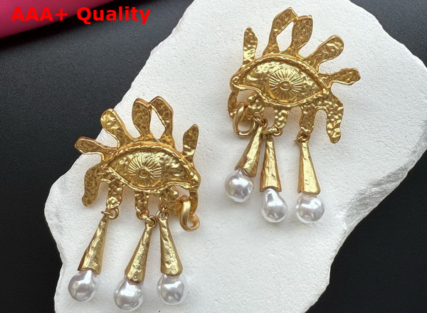 Schiaparelli Eye and Teardrops Earrings Textured Gold Brass and Pearl Earrings Replica