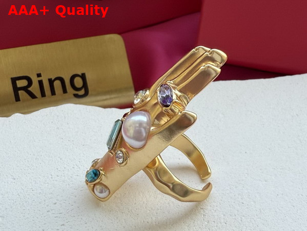 Schiaparelli Hand Ring with Rhinestone in Gold Brass Replica