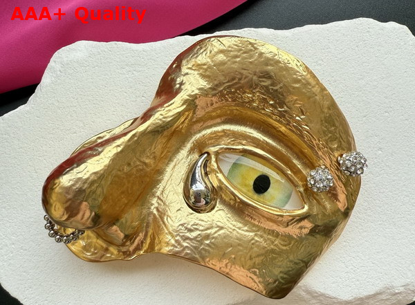 Schiaparelli Visage Brooch in Hammered Gold Brass and Enamel Replica