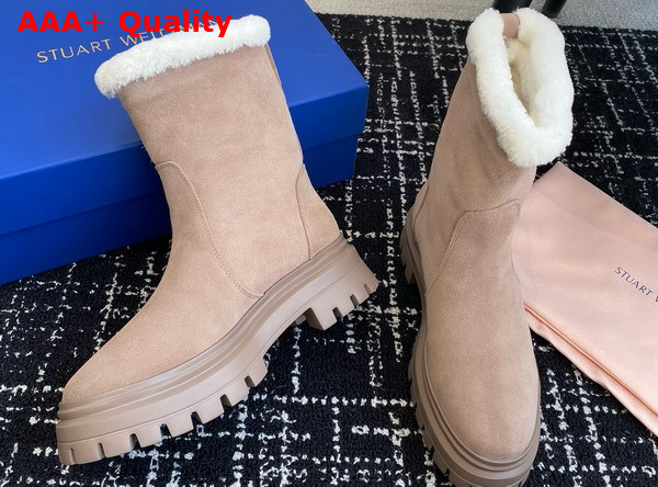 Stuart Weitzman Bedford Chill Moto Bootie in Beige Suede Leather Replica