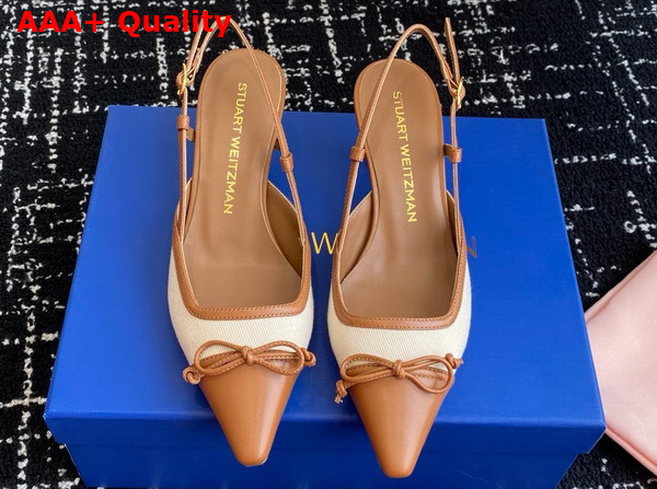 Stuart Weitzman Kitty Slingback 50 Beige Denim and Tan Lambskin Replica