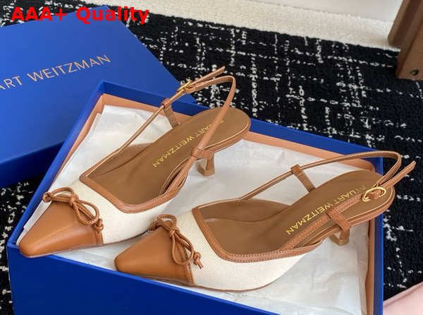 Stuart Weitzman Kitty Slingback 50 Beige Denim and Tan Lambskin Replica