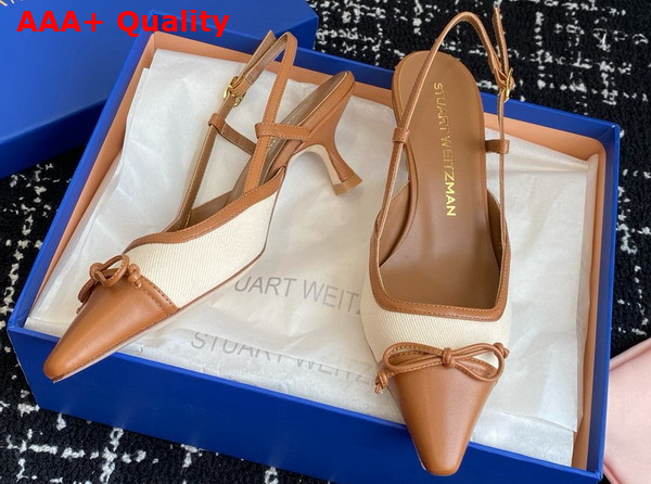 Stuart Weitzman Kitty Slingback 50 Beige Denim and Tan Lambskin Replica