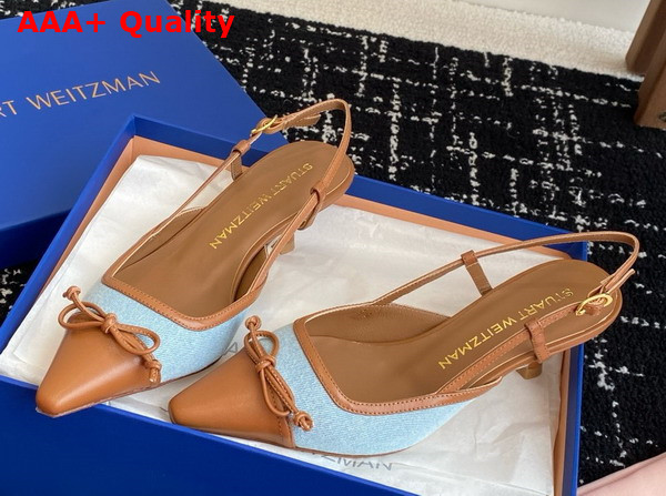 Stuart Weitzman Kitty Slingback 50 Blue Denim and Tan Lambskin Replica