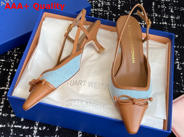 Stuart Weitzman Kitty Slingback 50 Blue Denim and Tan Lambskin Replica