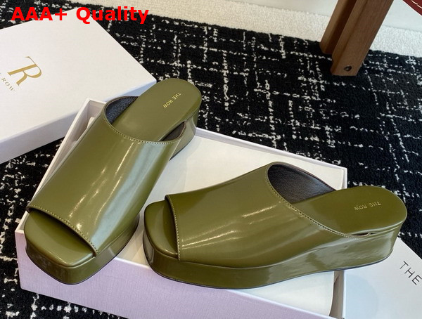 The Row Emi Flatform Sandal in Dark Green Polished Calfskin Leather Replica