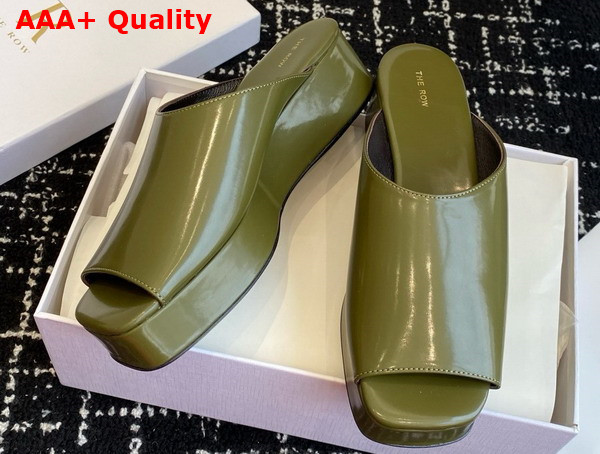 The Row Emi Flatform Sandal in Dark Green Polished Calfskin Leather Replica